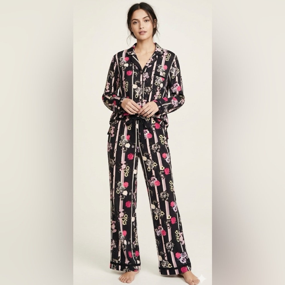 Victoria Secret Satin Black Pink Floral Stripe Pajama Set Size Large